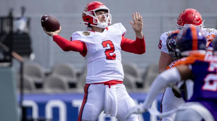 May 7, 2022; Birmingham, AL, USA; New Jersey Generals quarterback Luis Perez (2) throws against the New Jersey Generals during the second half at Protective Stadium.